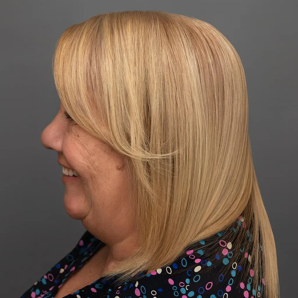 Profile view of a woman with long, straight blonde hair and a cheerful expression against a gray background.