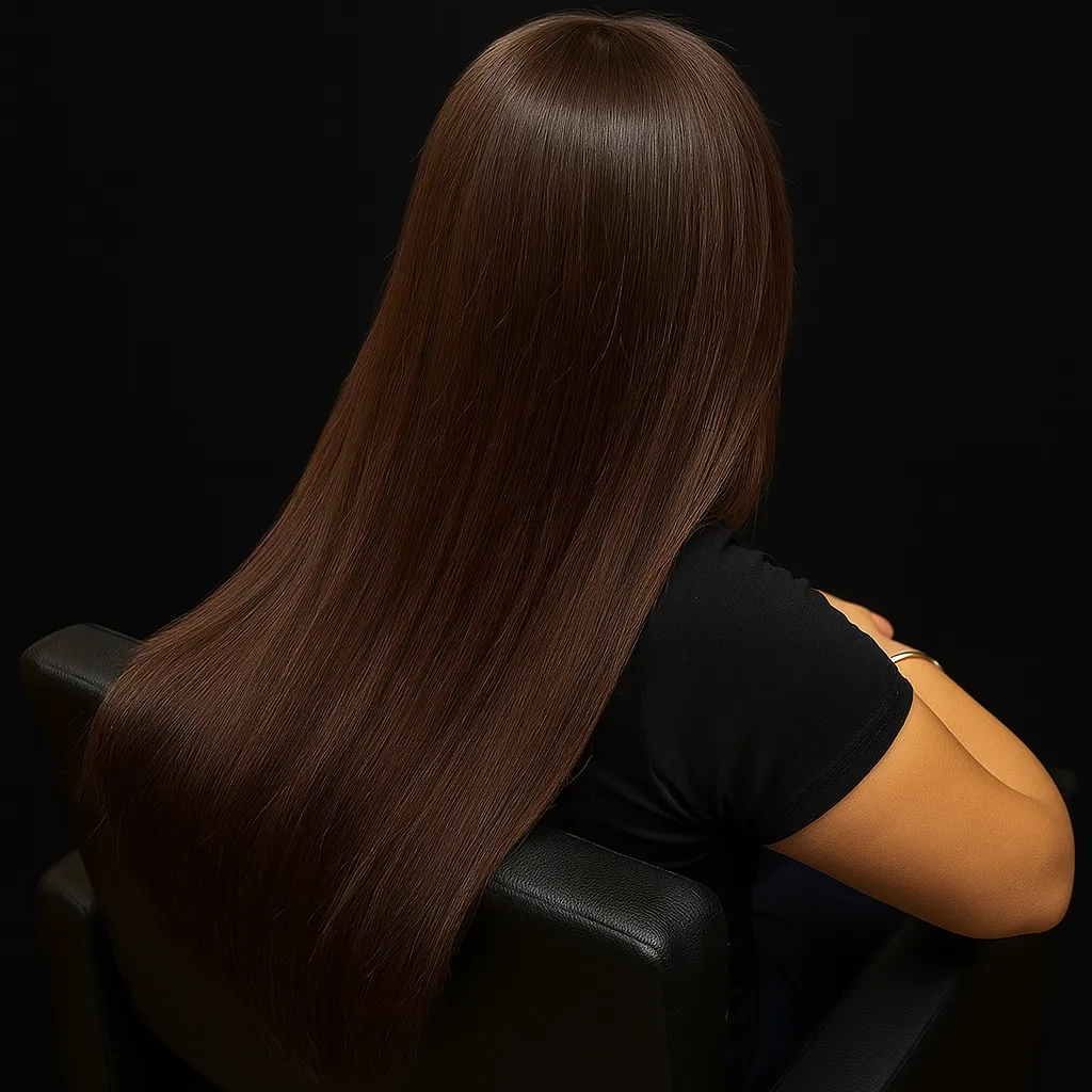 Back view of long, smooth brown hair on a seated person against a dark background.