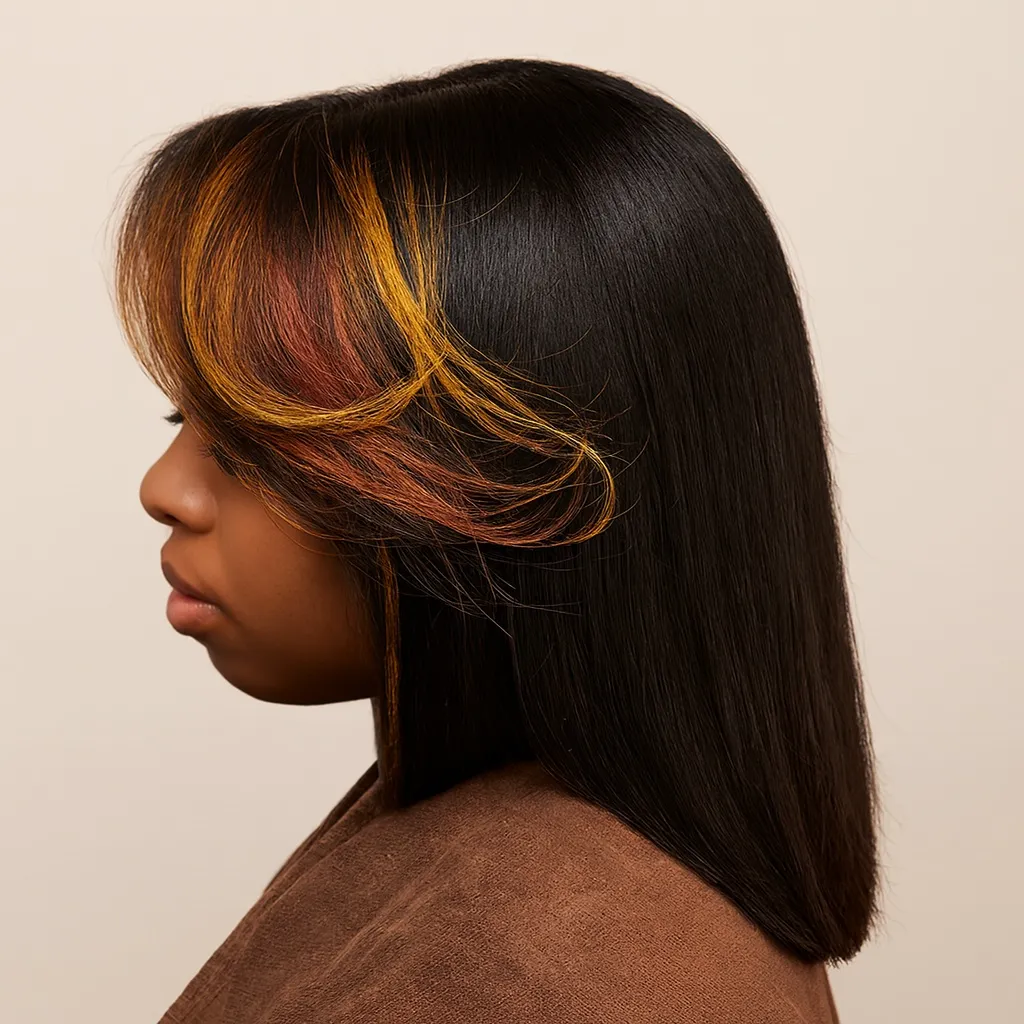 A side profile of a woman with sleek black hair featuring orange highlights.