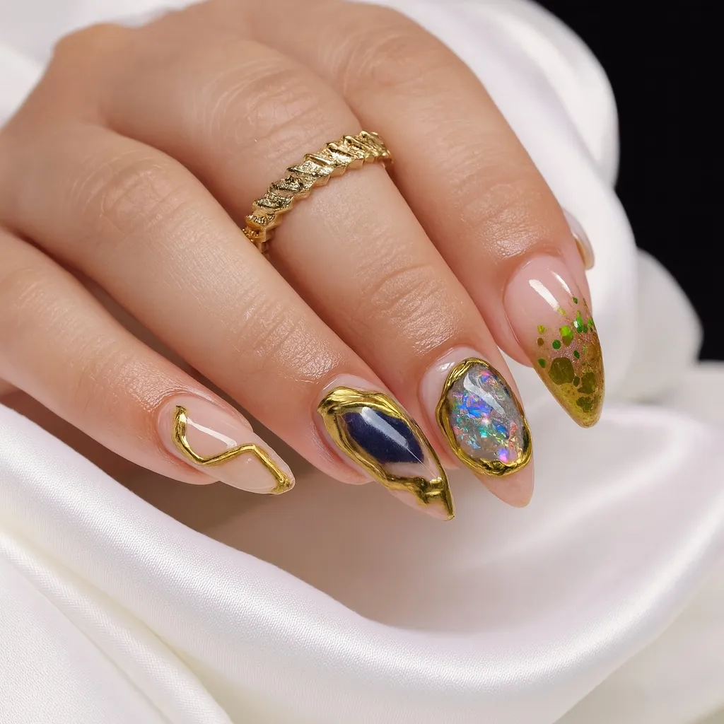 Stylish gold-accented nail art with abstract designs and colorful gemstones.