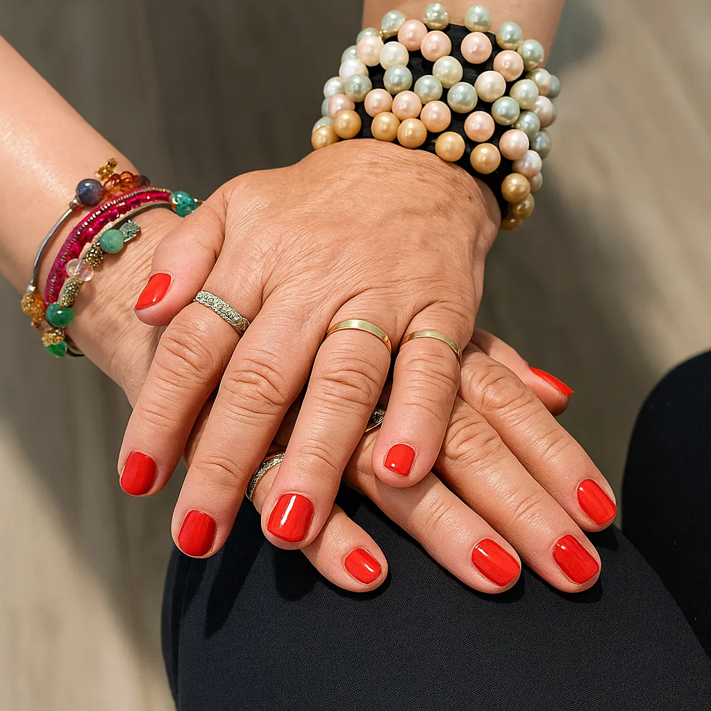 Two hands with red nail polish and colorful bracelets on a wooden surface