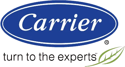 Carrier logo featuring blue oval with white text, green leaf element.