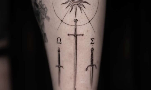 Intricate tattoo design featuring swords and symbols