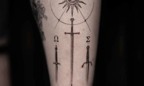 Intricate tattoo design featuring swords and symbols