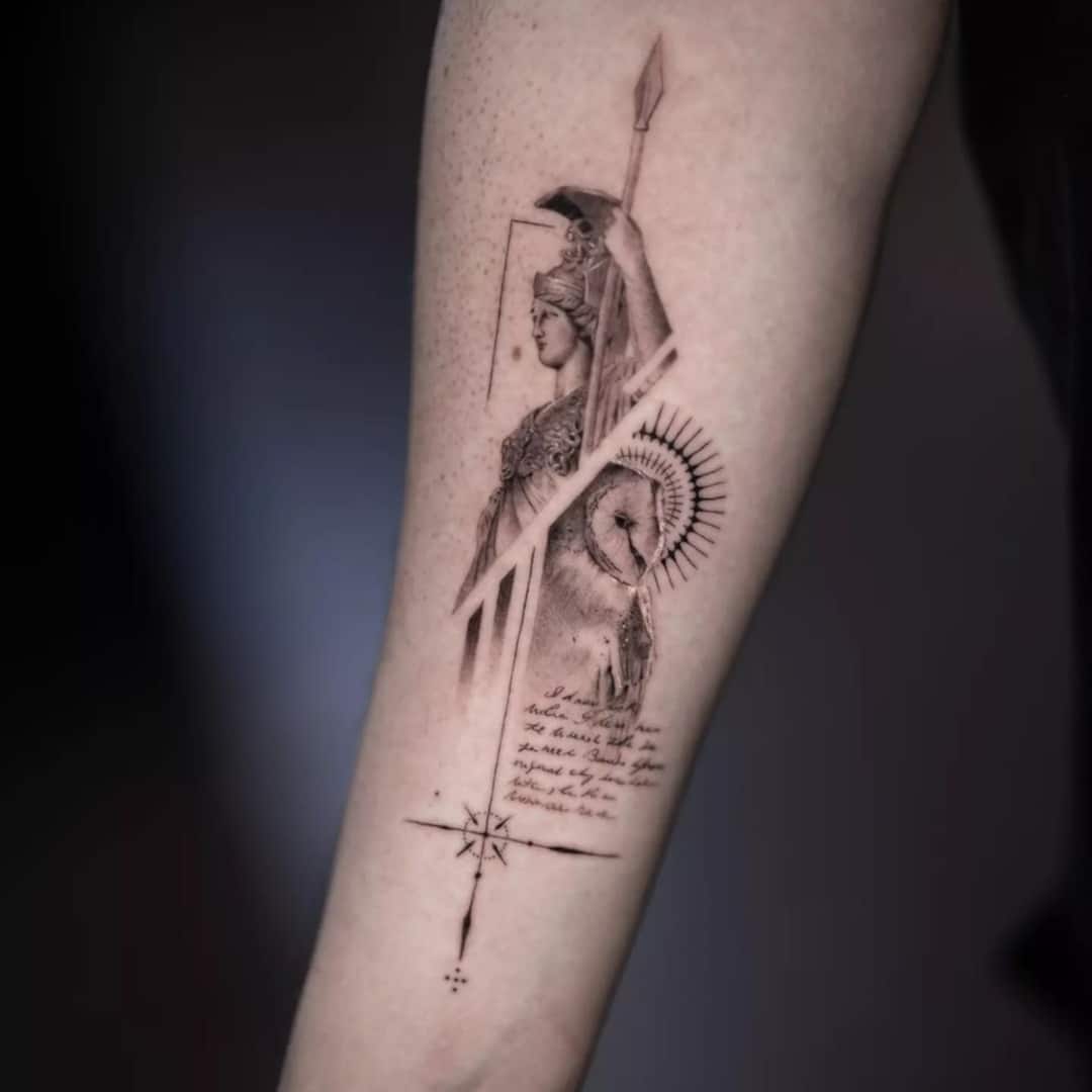 Tattoo of a warrior goddess on forearm with lion and quote