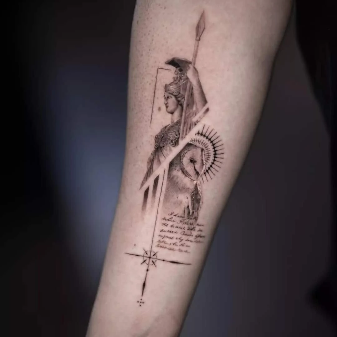 Tattoo of a warrior goddess on forearm with lion and quote