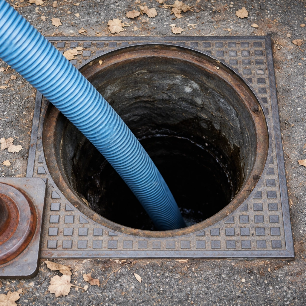Blue hose in a manhole on a street