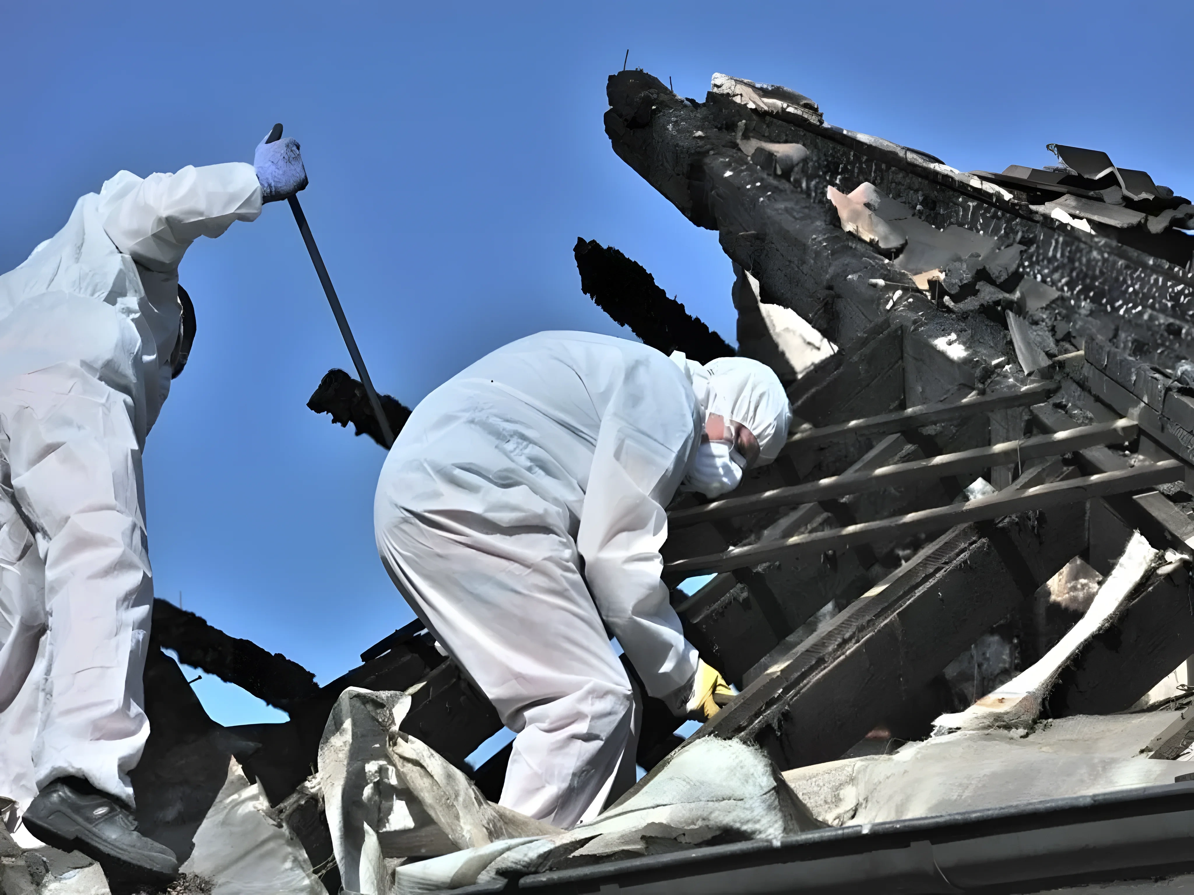 Two workers in protective gear examining a burnt structure