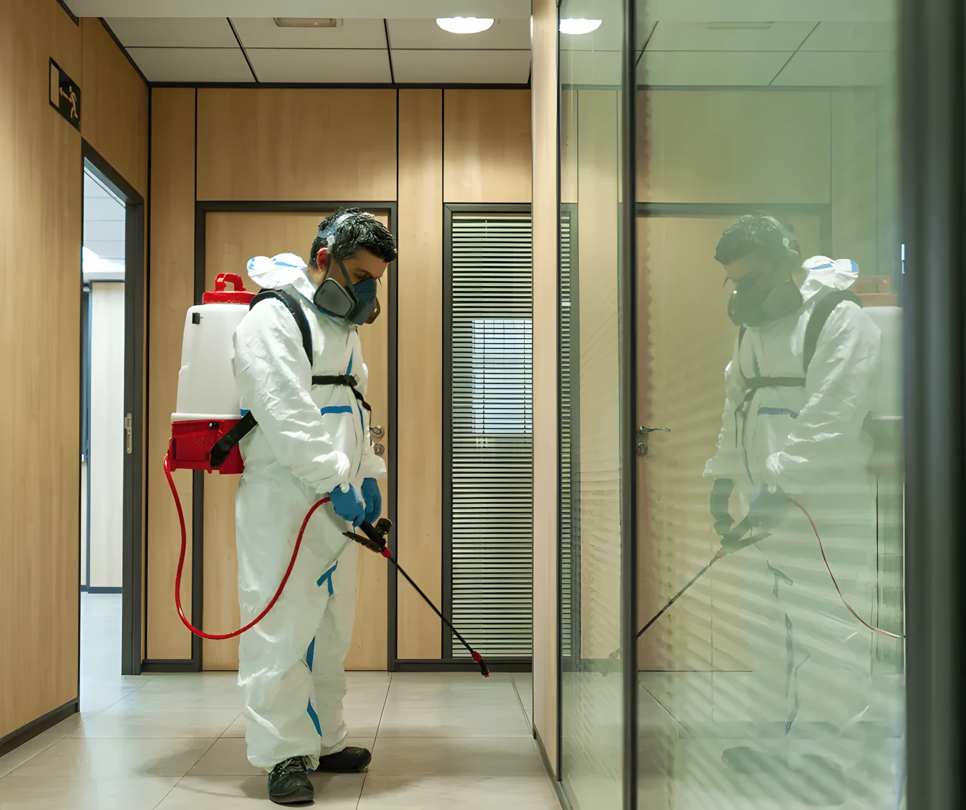 Professional in protective gear disinfecting an office space
