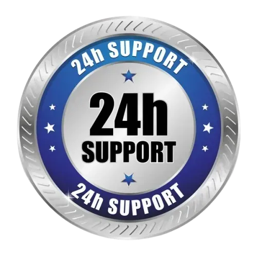 24-hour support badge with blue and silver colors