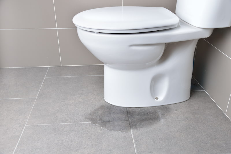 Modern bathroom featuring a white toilet and gray tile flooring