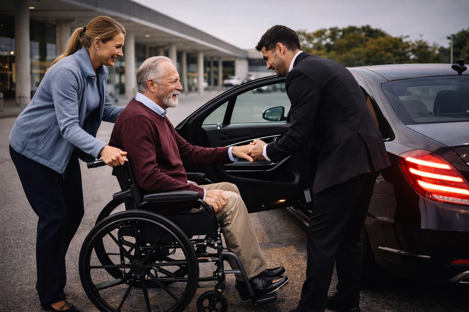 A caregiver helps an elderly man in a wheelchair enter a car.
