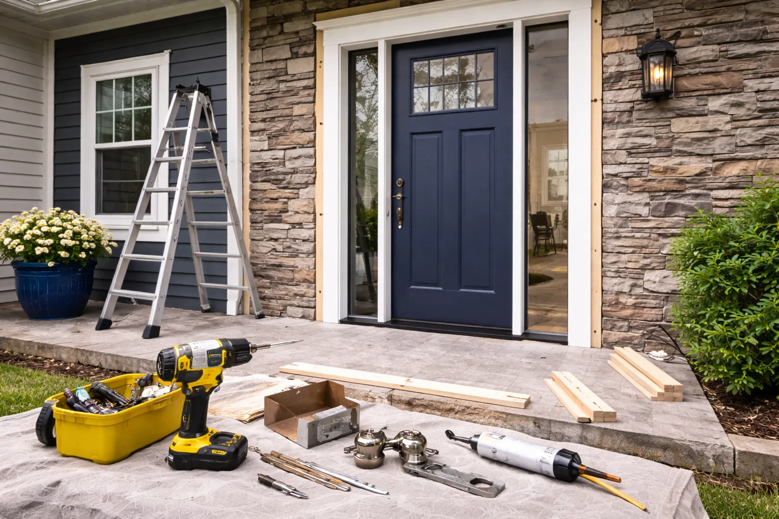 Construction tools arranged outside a home entrance