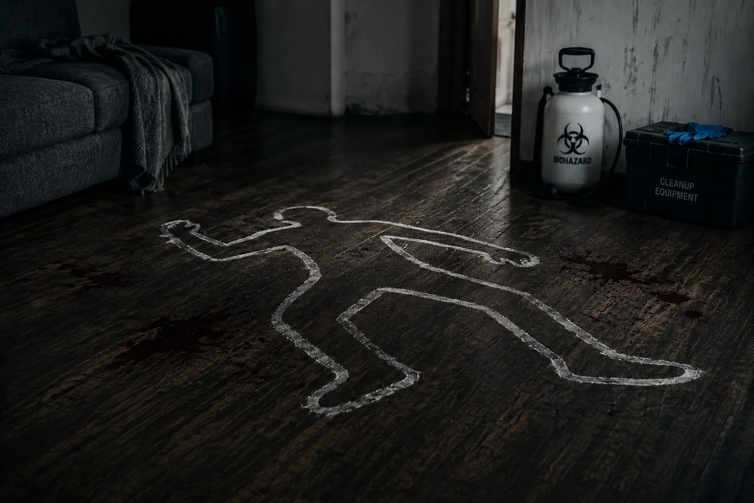 Outline of a body on a wooden floor with blood stains and cleanup equipment nearby