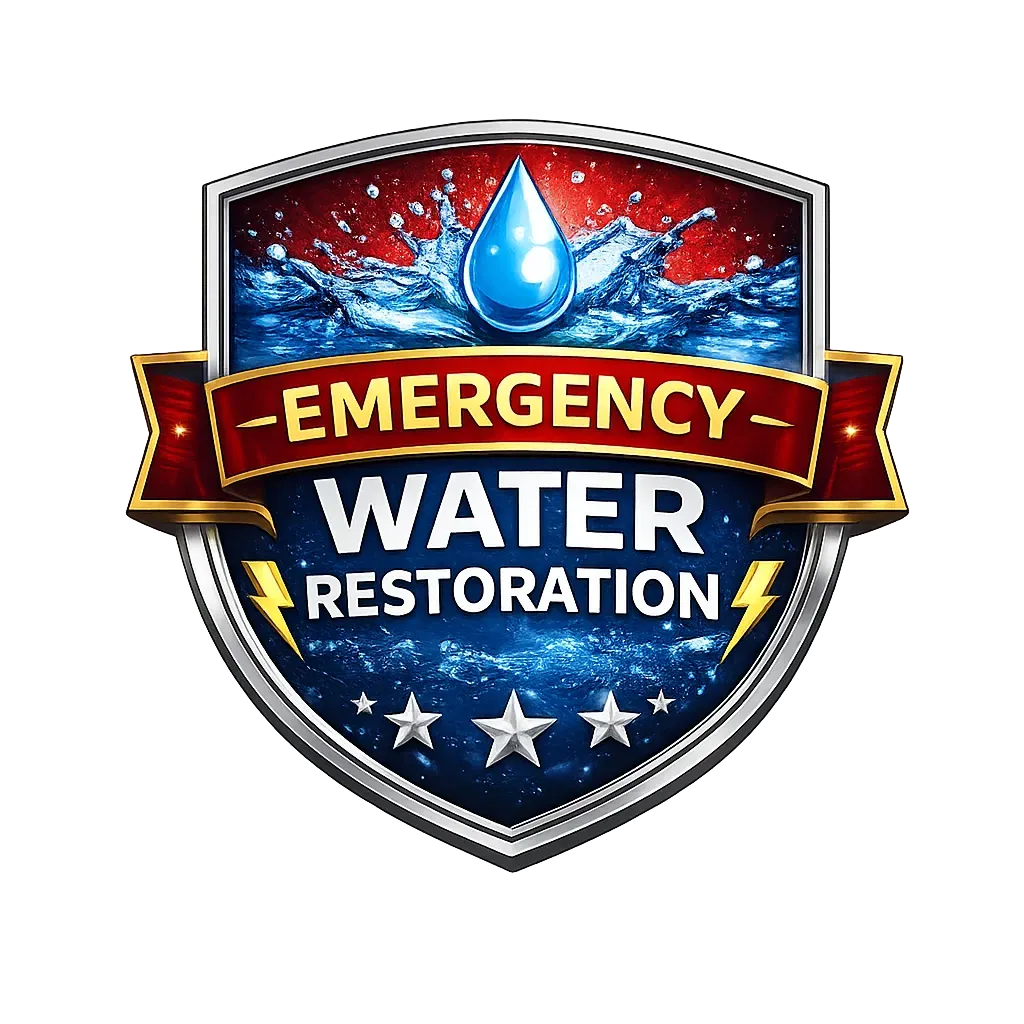 Emergency water restoration logo featuring a droplet and shield design.