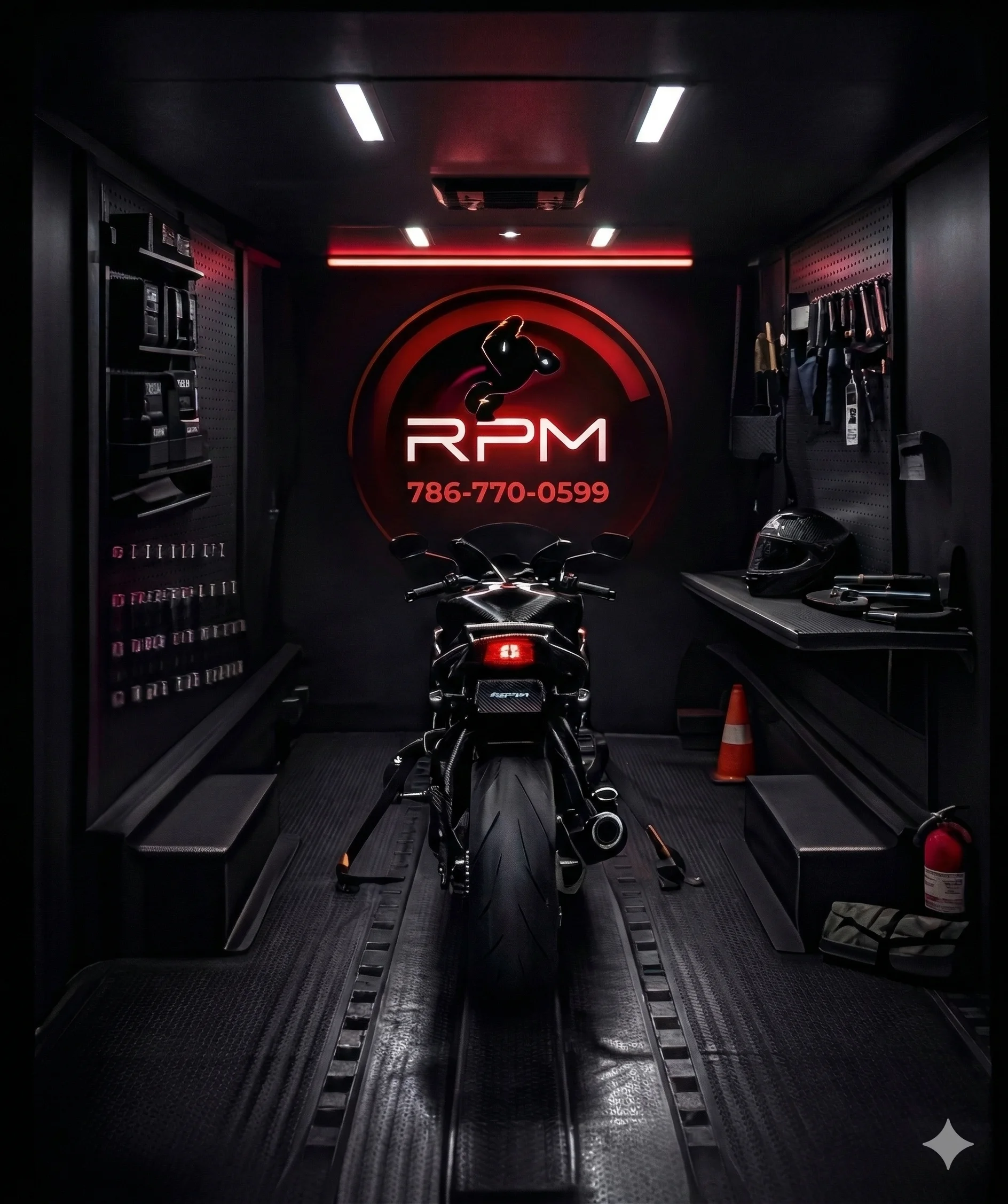 A motorcycle in a modern workshop with sleek design.