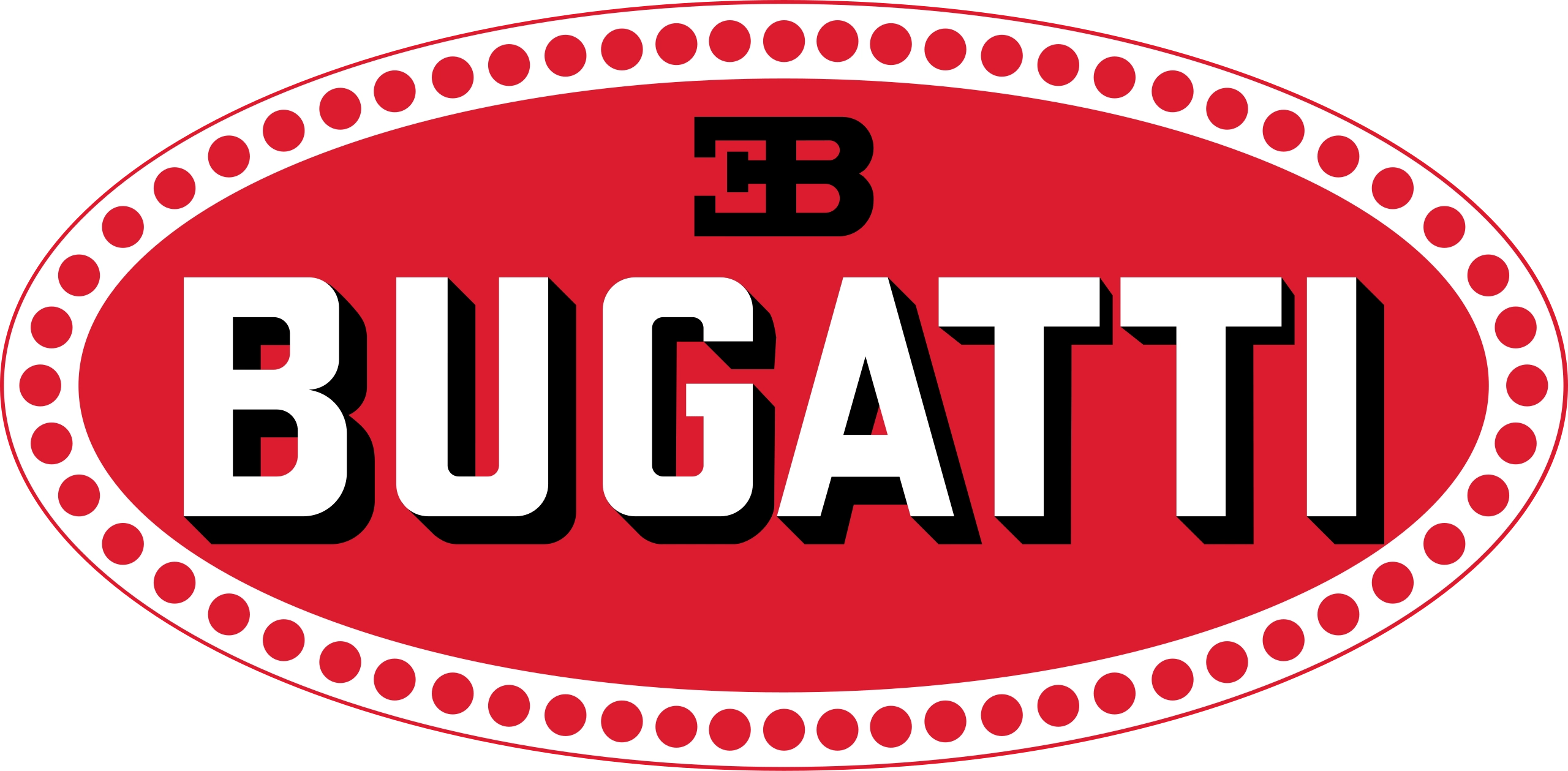 Bugatti logo in bold typography on red background