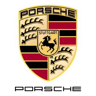 Porsche logo on a gold background with black and red stripes