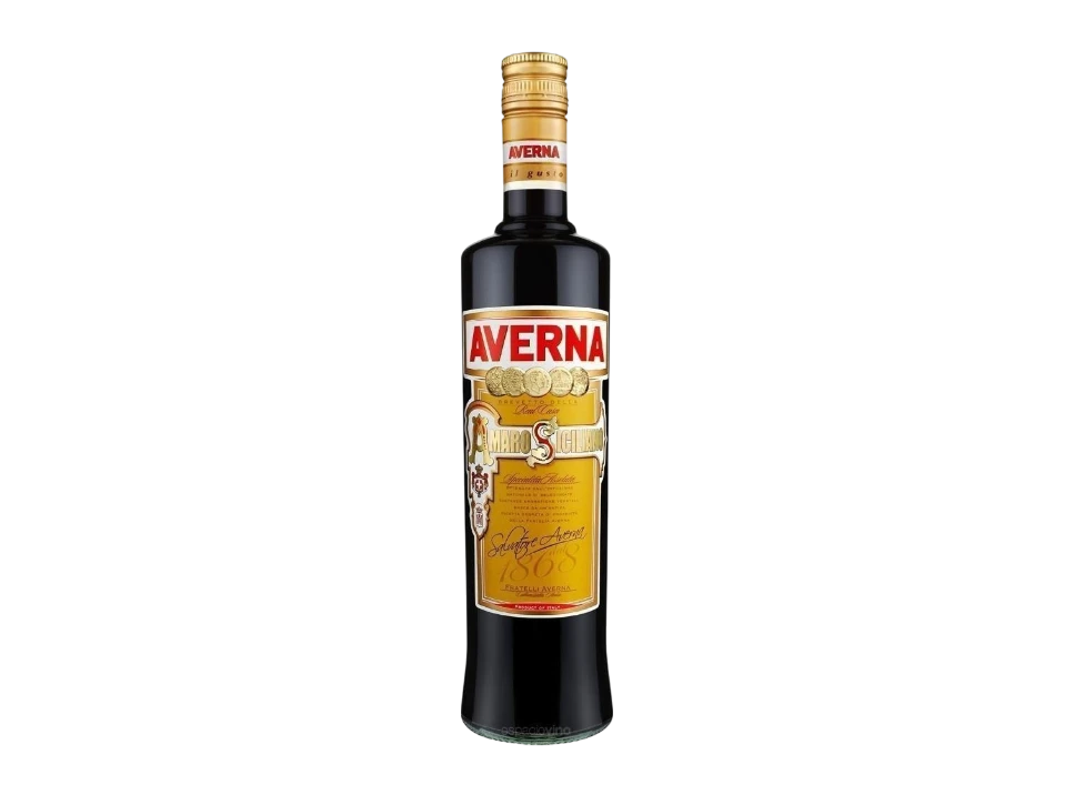 Bottle of Averna Amaro on a plain background