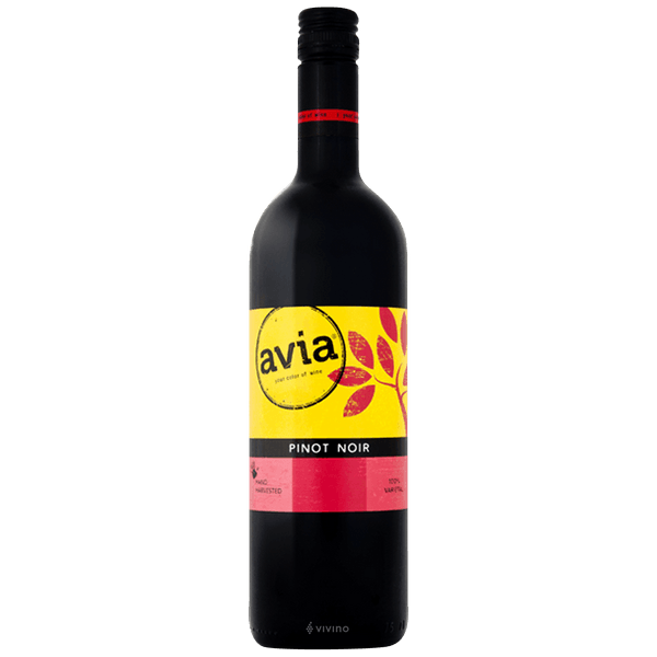 Bottle of Avia Pinot Noir wine on a neutral background.