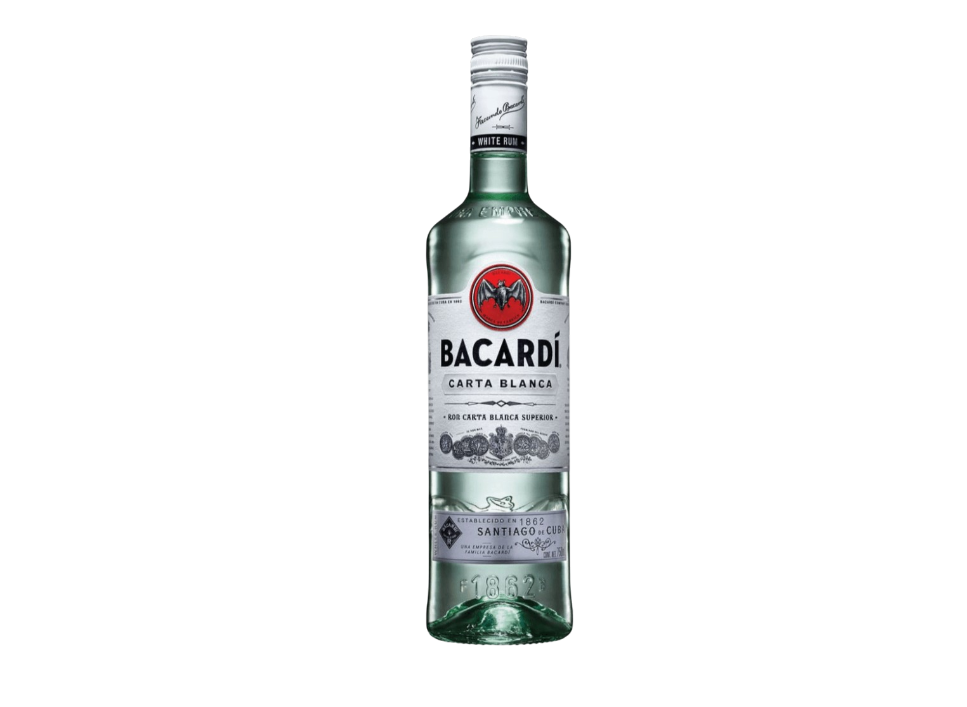 Bacardí Carta Blanca rum bottle against black background