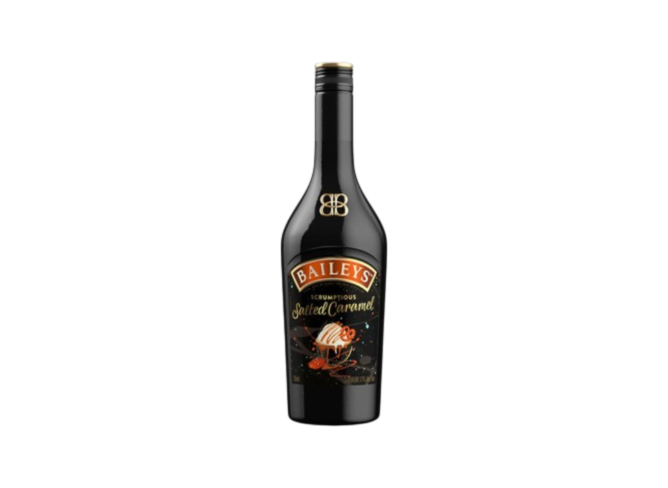 Baileys salted caramel liqueur bottle on a black background.