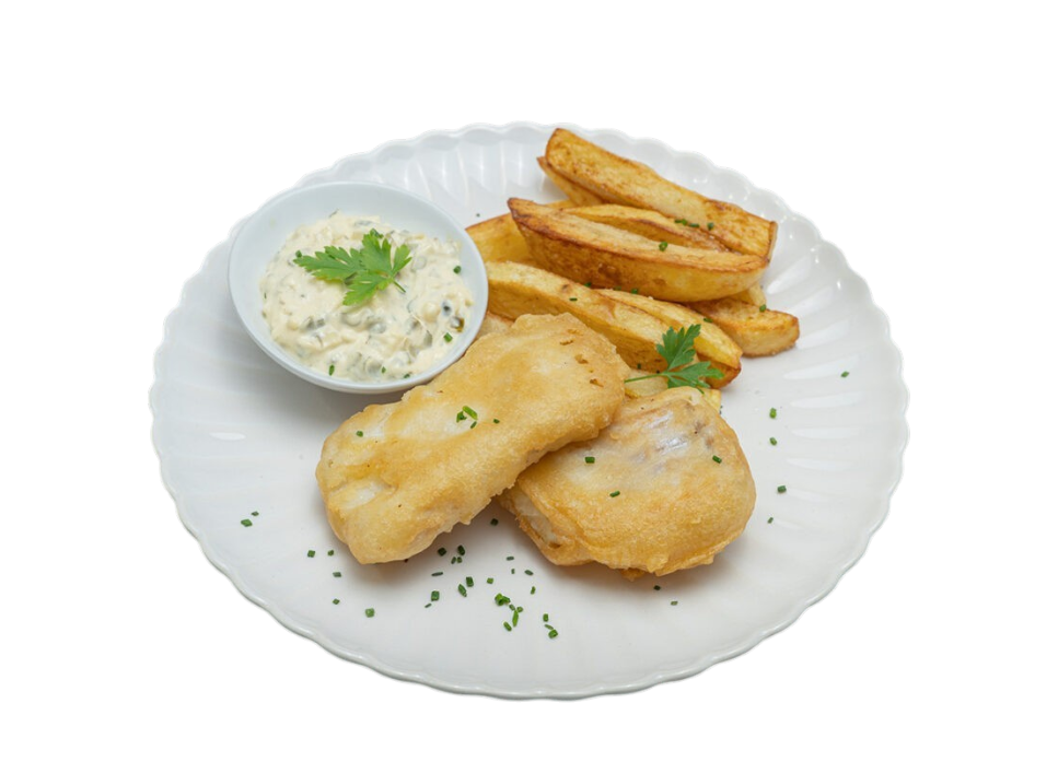 Plate of crispy fish and chips with tartar sauce