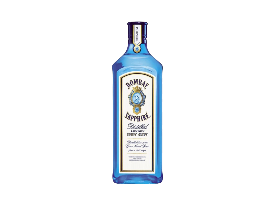 Bombay Sapphire gin bottle on a black background