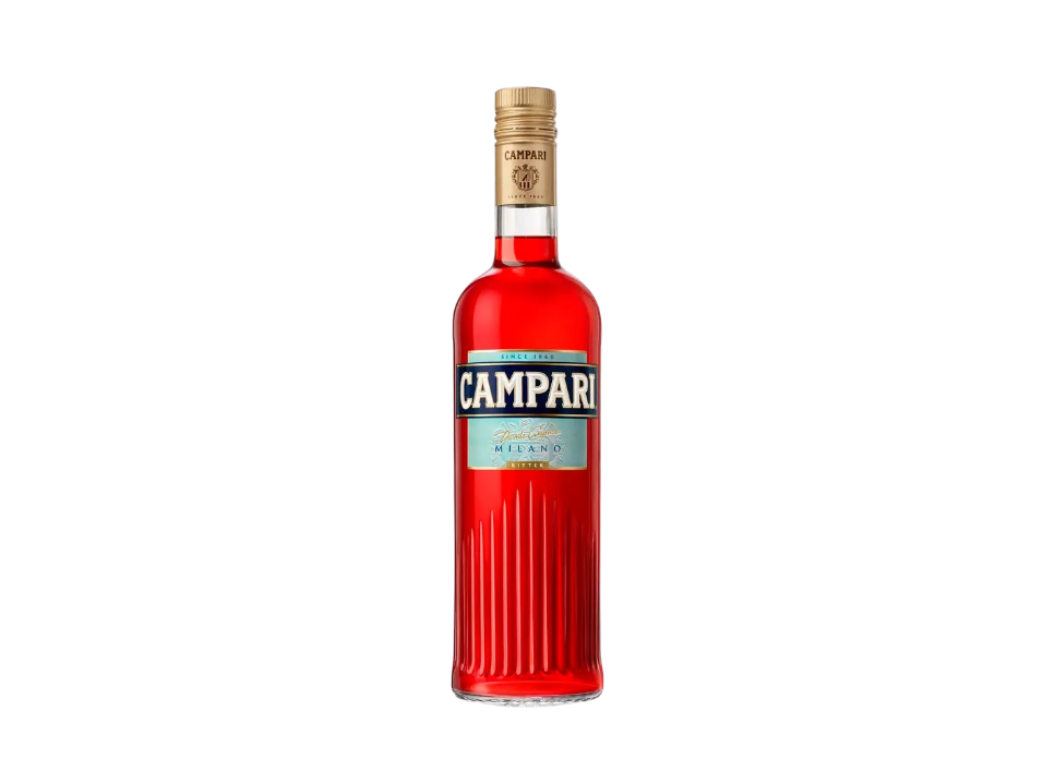 Bottle of Campari on a black background.