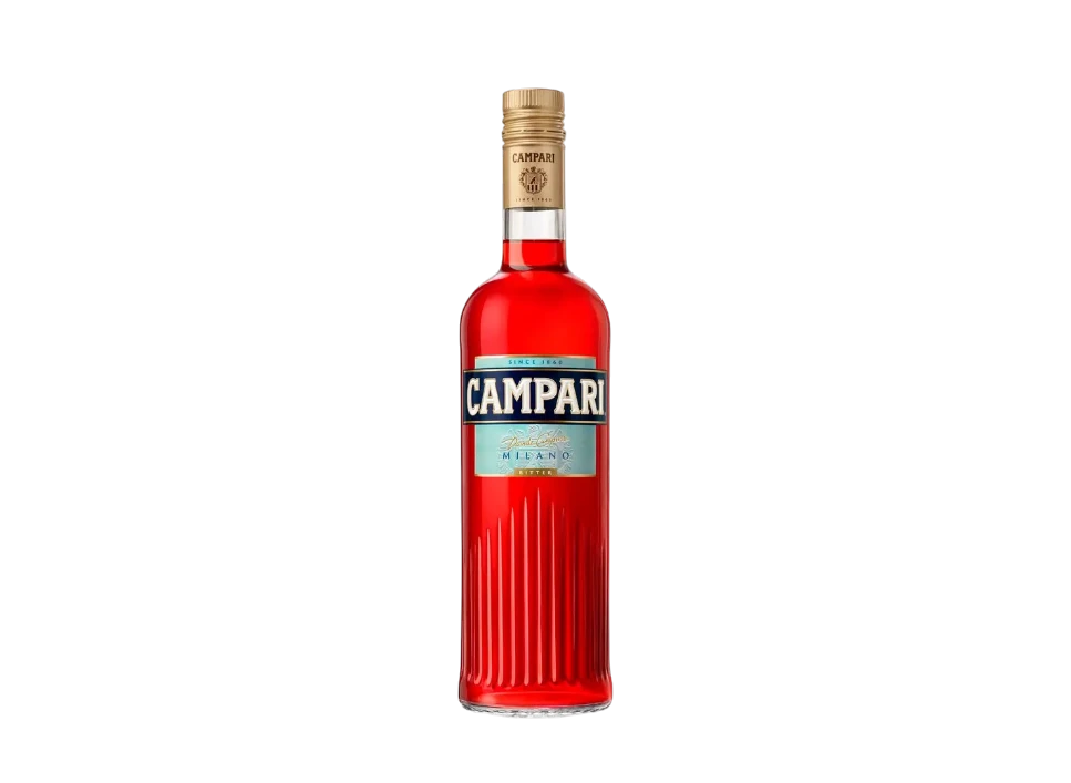 Bottle of Campari on a black background.