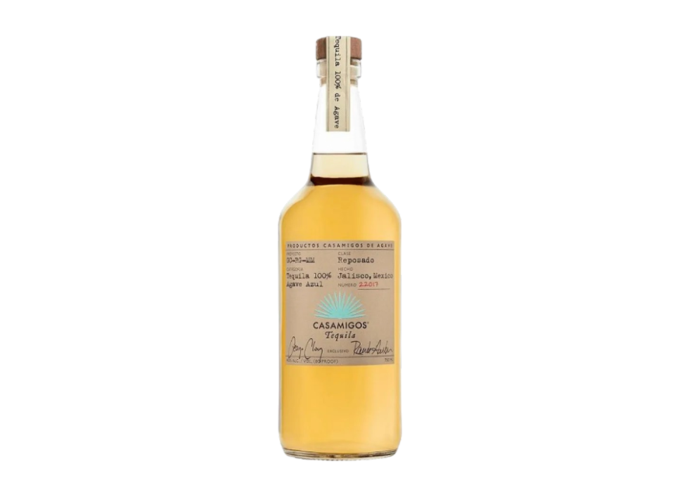 Casamigos tequila bottle with amber liquid