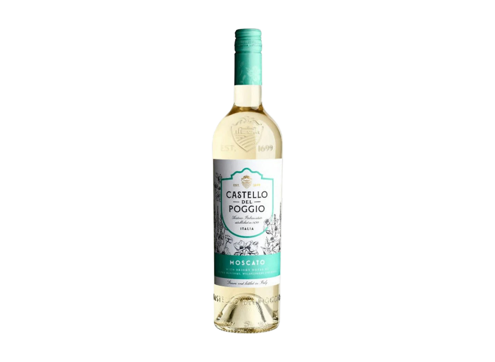 Bottle of Castello del Poggio Moscato wine against black background.