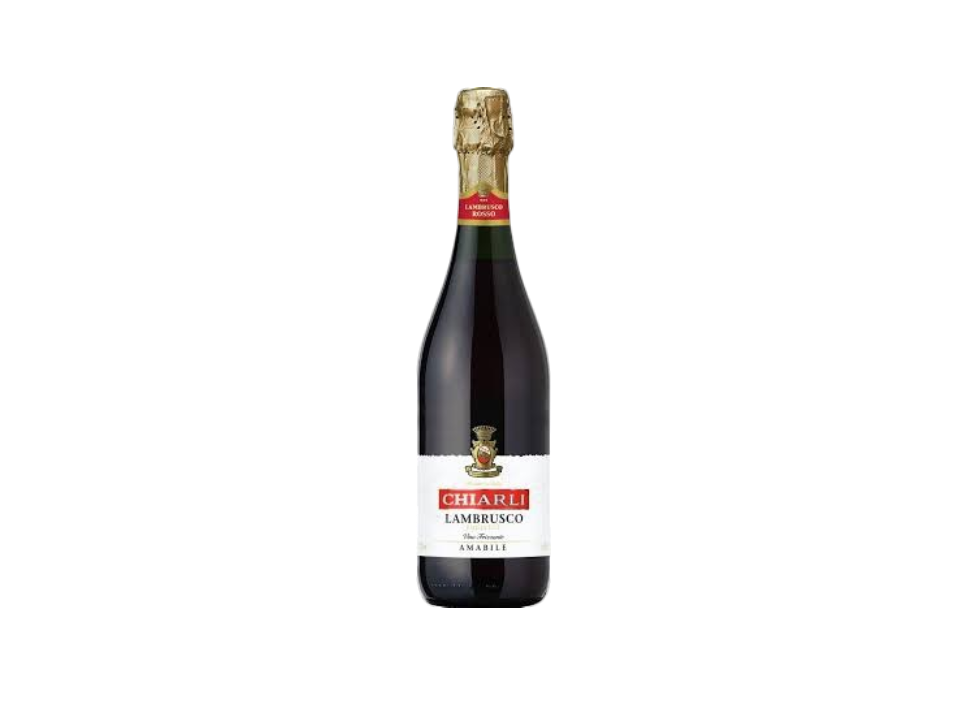 Bottle of Chiarli Lambrusco wine with gold cap.