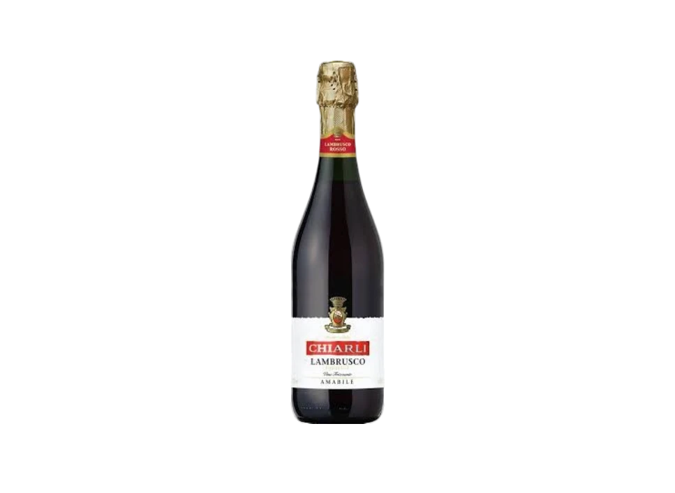 Bottle of Chiarli Lambrusco wine with gold cap.