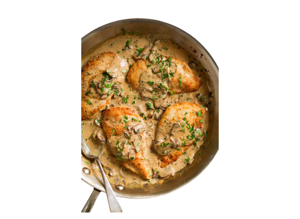 Chicken in creamy mushroom sauce garnished with herbs