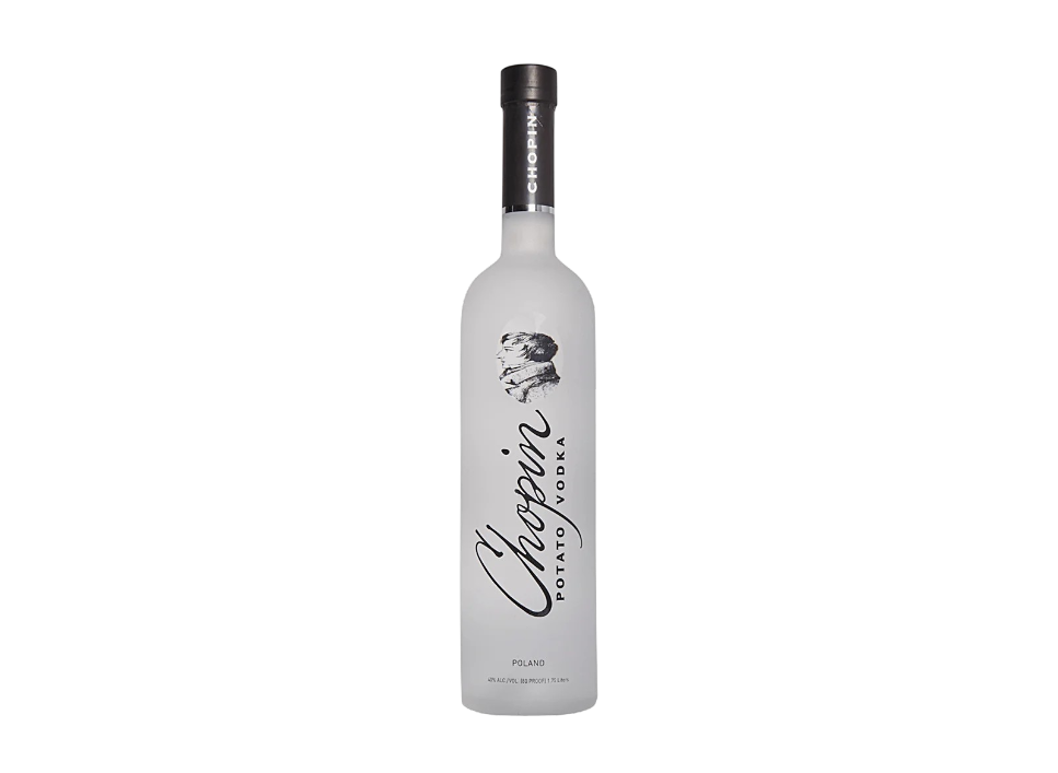 Chopin potato vodka bottle against a black background