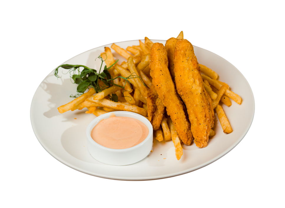 Delicious fried fish fillets with golden fries and dipping sauce