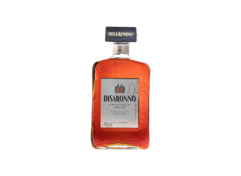 Bottle of Disaronno Originale liqueur on a black background