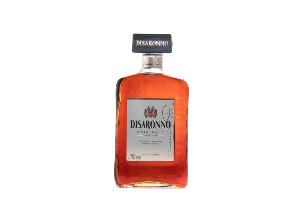 Bottle of Disaronno Originale liqueur on a black background