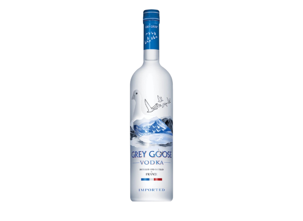 Bottle of Grey Goose vodka against a plain background