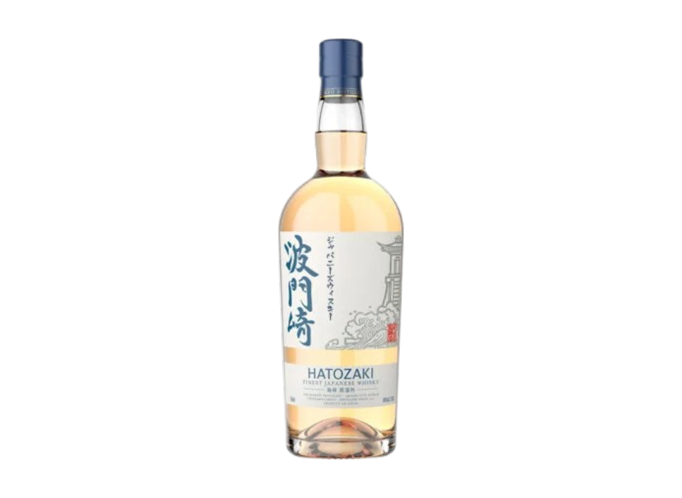 Bottle of Hatozaki Japanese whiskey against black background