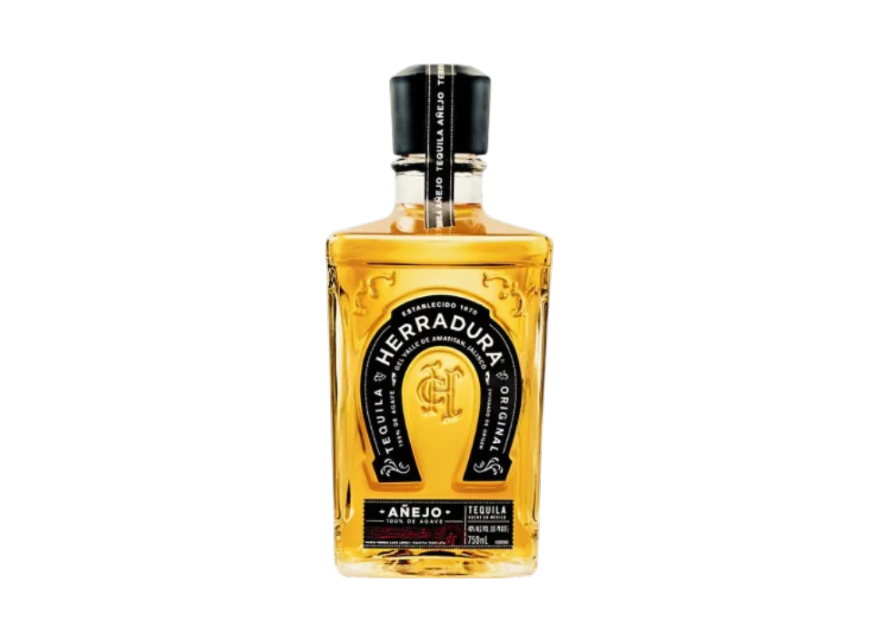 Bottle of Herradura Añejo Tequila on a black background