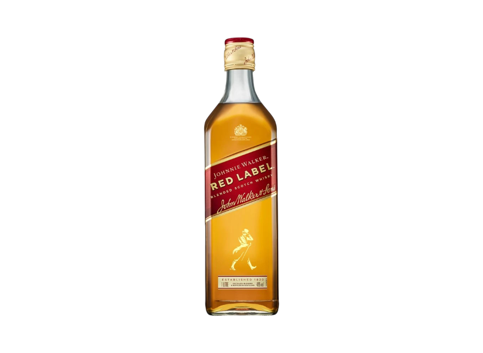 Bottle of Johnnie Walker Red Label whiskey on a black background