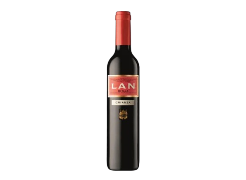 Bottle of LAN Crianza Rioja wine with red cap