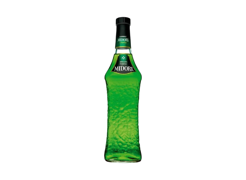 Bottle of Midori liqueur on a black background