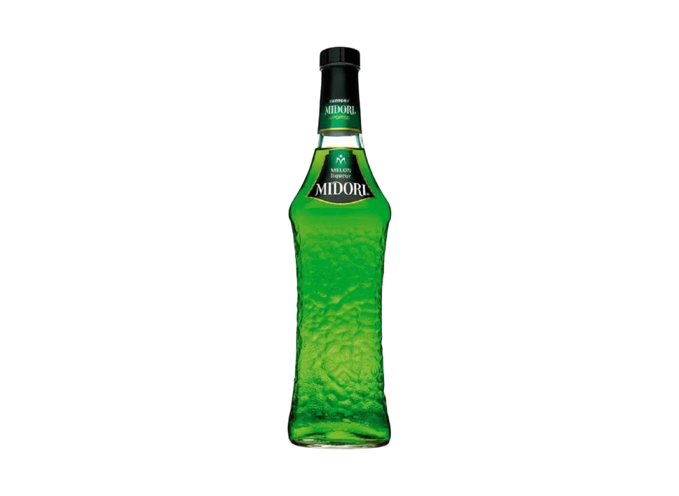 Bottle of Midori liqueur on a black background