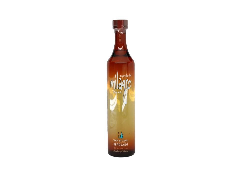 Milagro Reposado tequila bottle on dark background