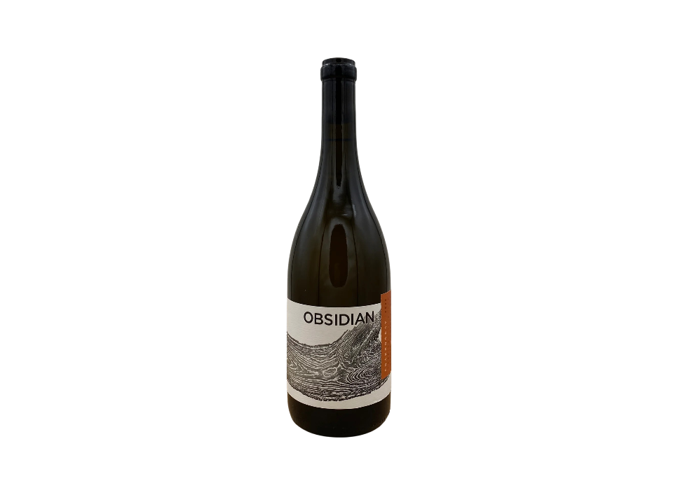 A bottle of Obsidian wine on a dark background.