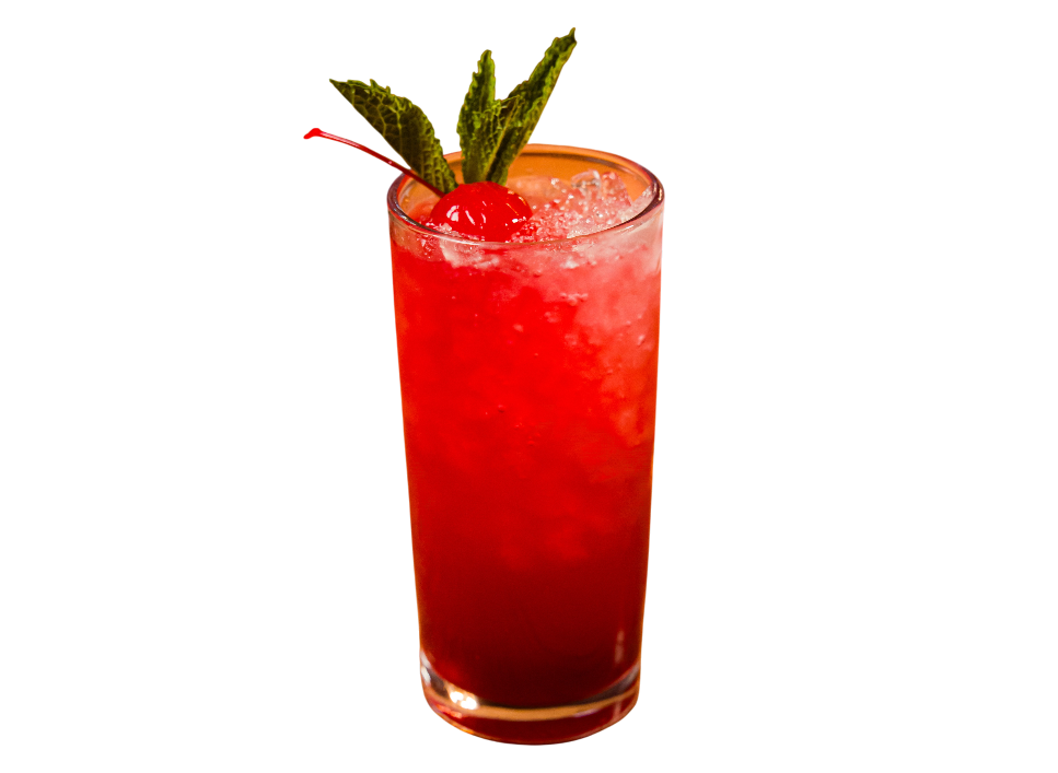 Refreshing cherry cocktail with mint garnish in a tall glass