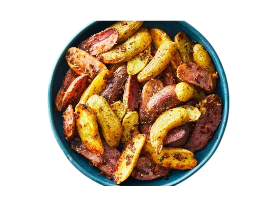 Roasted golden potatoes in a blue bowl